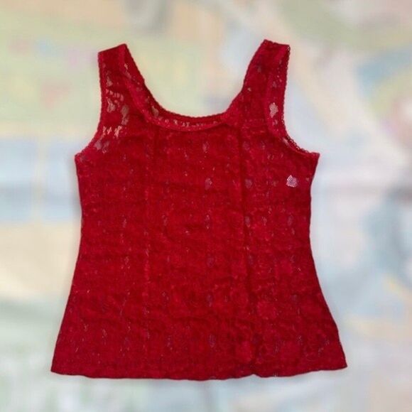 Lorraine Vintage 90s red floral lace tank top size medium - Picture 1 of 6